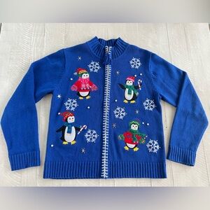 Vintage Crystal Kobe Ramie Cotton Penguin embroidered Holiday Sweater size Small